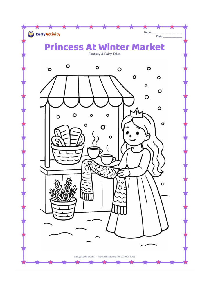 Colouring page: Draw a princess choosing a warm scarf at a friendly outdoor market stall. Include a canopy, baskets, evergreen branches, steaming cups, and softly falling snow.