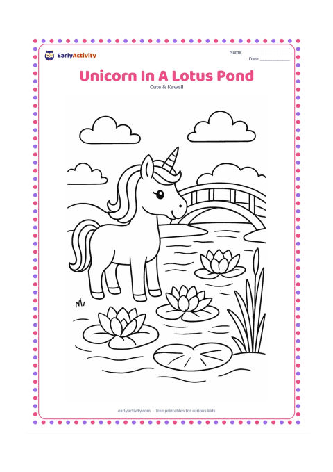 Colouring page: A unicorn stands beside an Indian-style pond with lotus flowers, broad leaves, reeds and a small arched footbridge. Add gentle water ripples and a few clouds in the background.