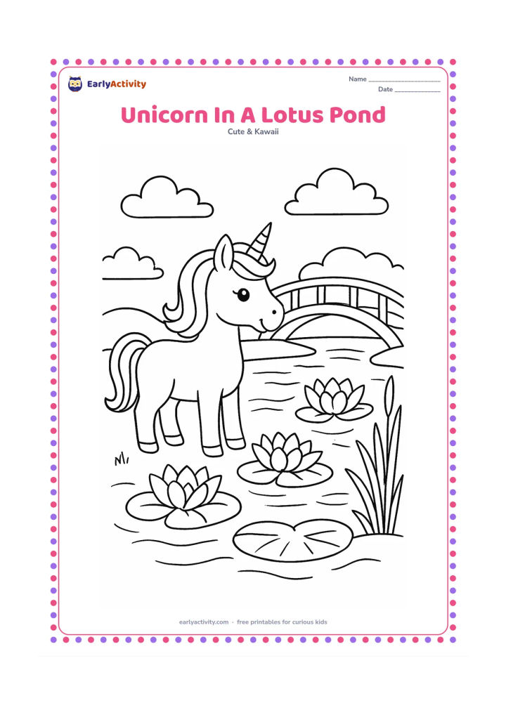 Colouring page: A unicorn stands beside an Indian-style pond with lotus flowers, broad leaves, reeds and a small arched footbridge. Add gentle water ripples and a few clouds in the background.