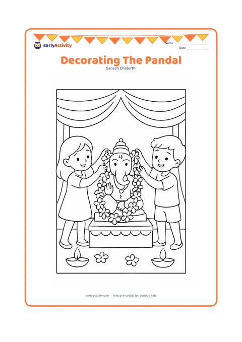 Colouring page: Two children hang large flower garlands around a small Ganesha idol on a decorated pandal platform. Add broad fabric swags, two diyas and a few floor flowers.