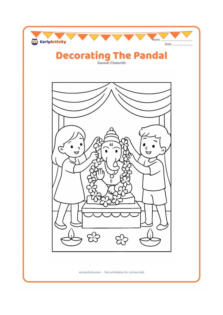 Colouring page: Two children hang large flower garlands around a small Ganesha idol on a decorated pandal platform. Add broad fabric swags, two diyas and a few floor flowers.