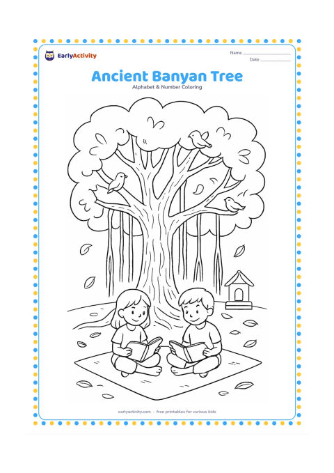 Colouring page: Draw a wide banyan tree with hanging aerial roots, a small shrine-free village resting area beneath it, birds in the branches, and children reading picture books on a mat. Include…