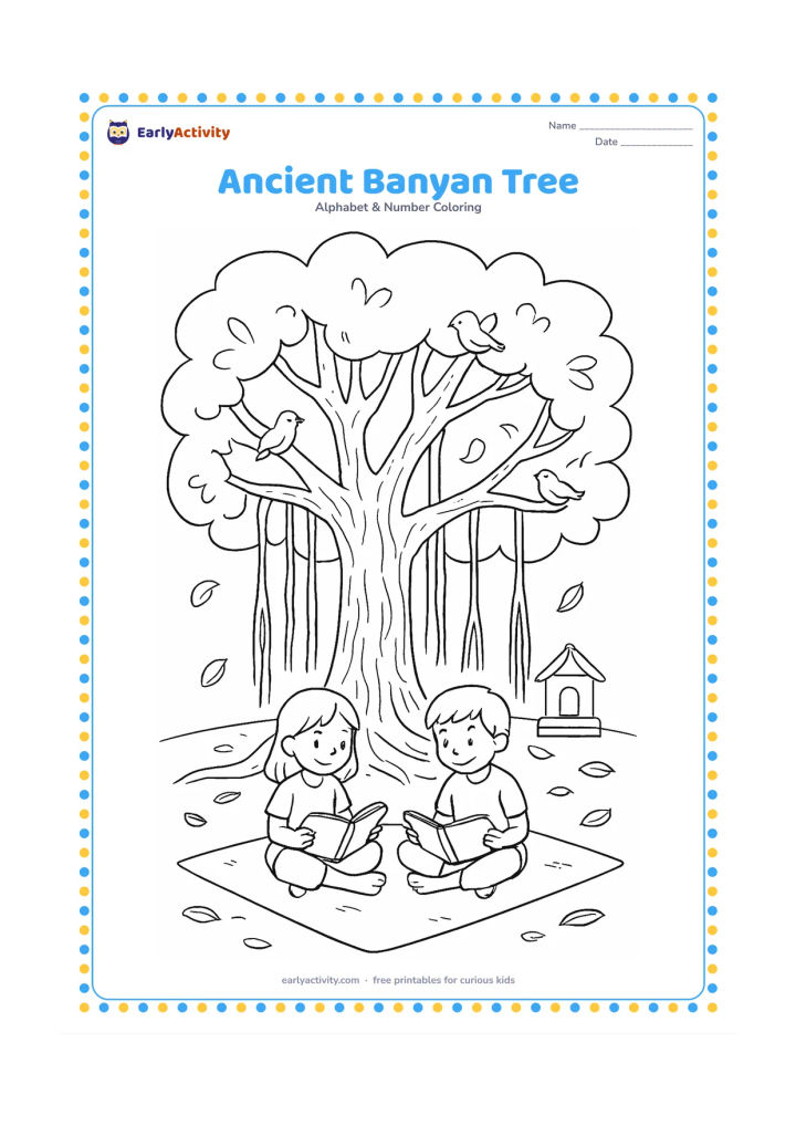 Colouring page: Draw a wide banyan tree with hanging aerial roots, a small shrine-free village resting area beneath it, birds in the branches, and children reading picture books on a mat. Include…