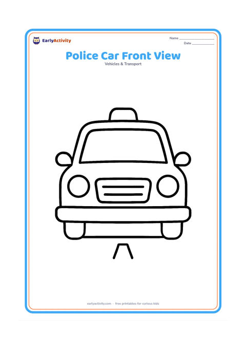 Colouring page: Draw a police car facing forward, with two large headlights, a roof light, a wide windscreen and a simple grille. Add two short road lines beneath the car and leave the background open.