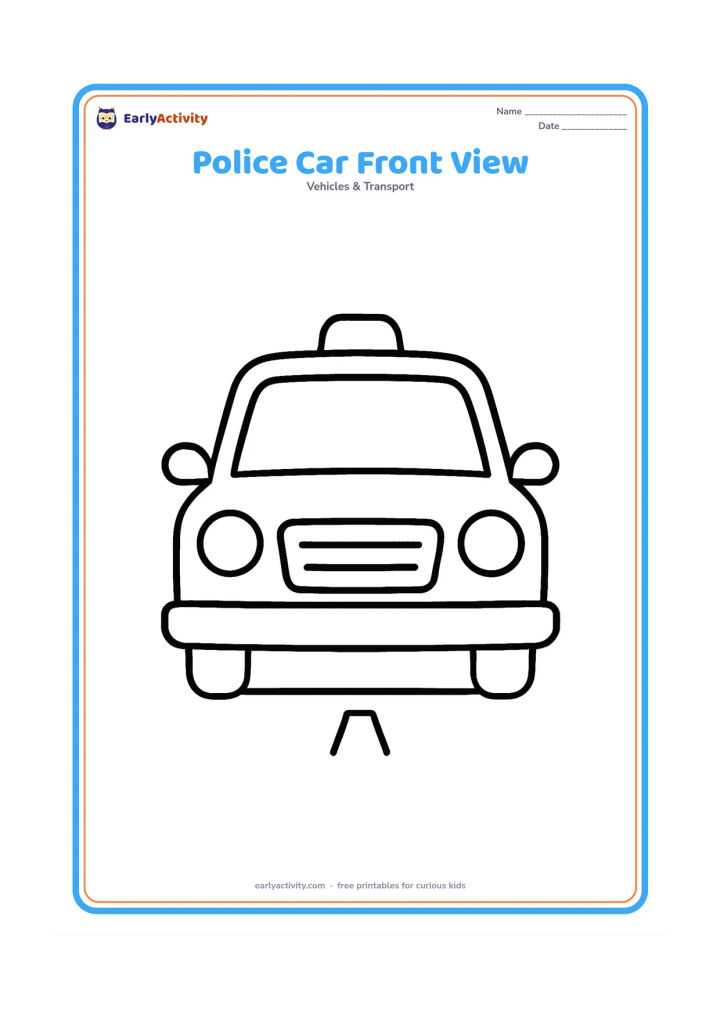 Colouring page: Draw a police car facing forward, with two large headlights, a roof light, a wide windscreen and a simple grille. Add two short road lines beneath the car and leave the background open.