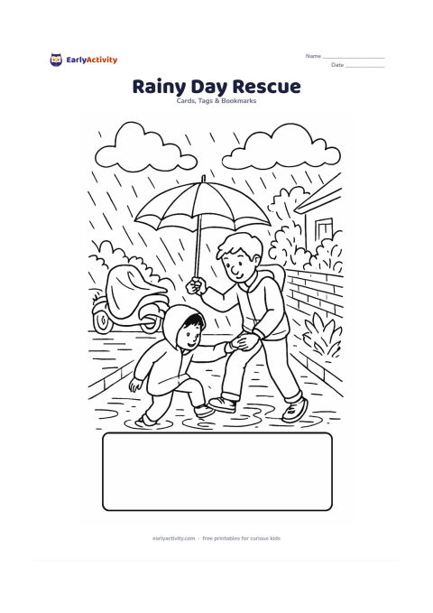 Worksheet: A child helps a smaller friend step over a puddle by holding an umbrella and offering a hand, with monsoon clouds, a leafy Indian neighbourhood lane and a covered scooter in the…