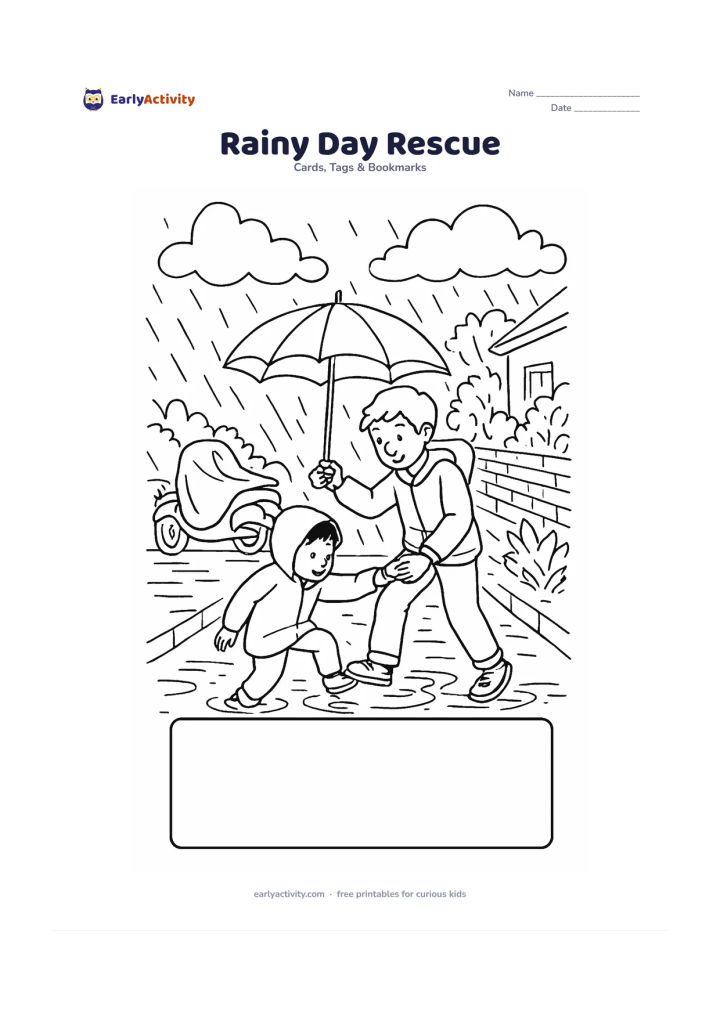 Worksheet: A child helps a smaller friend step over a puddle by holding an umbrella and offering a hand, with monsoon clouds, a leafy Indian neighbourhood lane and a covered scooter in the…