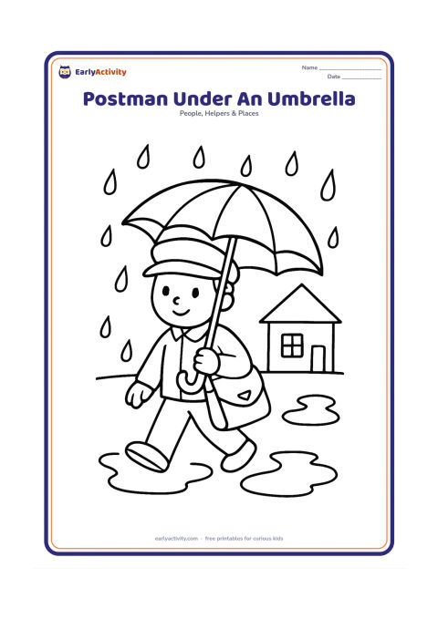 Colouring page: A postman walks through light rain carrying an umbrella and a waterproof mail bag. Show puddles, a simple house and a few raindrops.