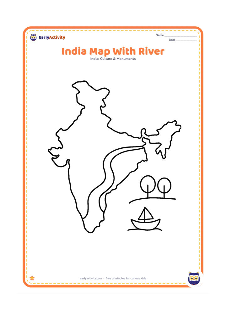 Colouring page: Show a large blank India outline with one wide, gently curving river line flowing from the northern mountains toward the eastern coast. Add a small boat and two trees beside the river.