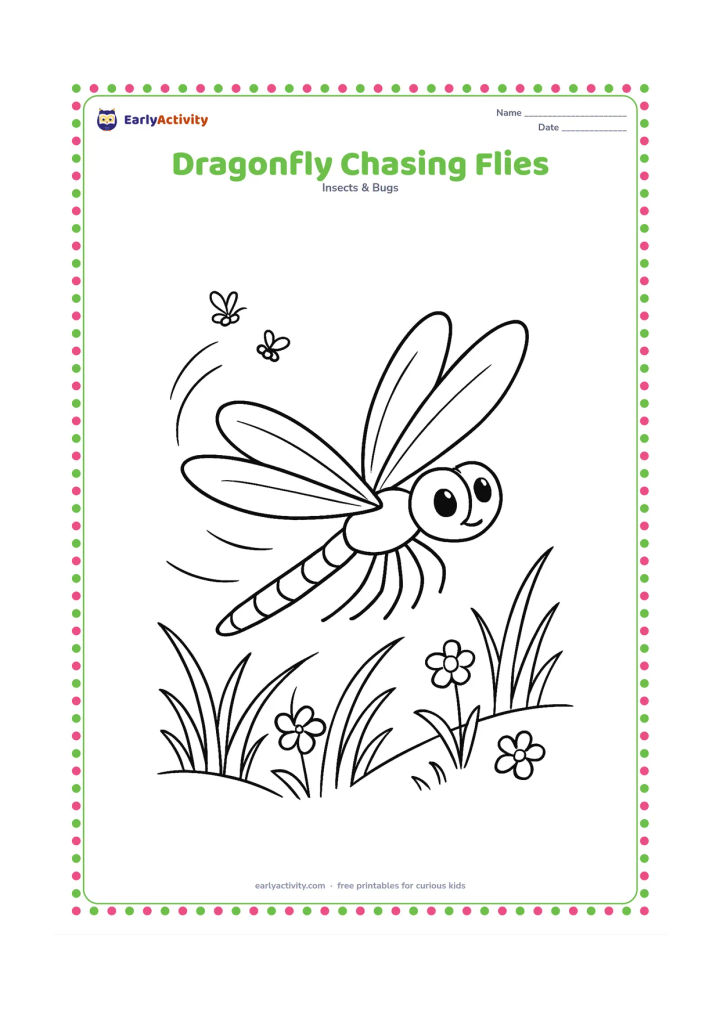 Colouring page: A dragonfly darts through the air after two tiny harmless flying insects above a meadow, with curved motion trails, grasses, and small flowers. Show the dragonfly's large eyes and spread…