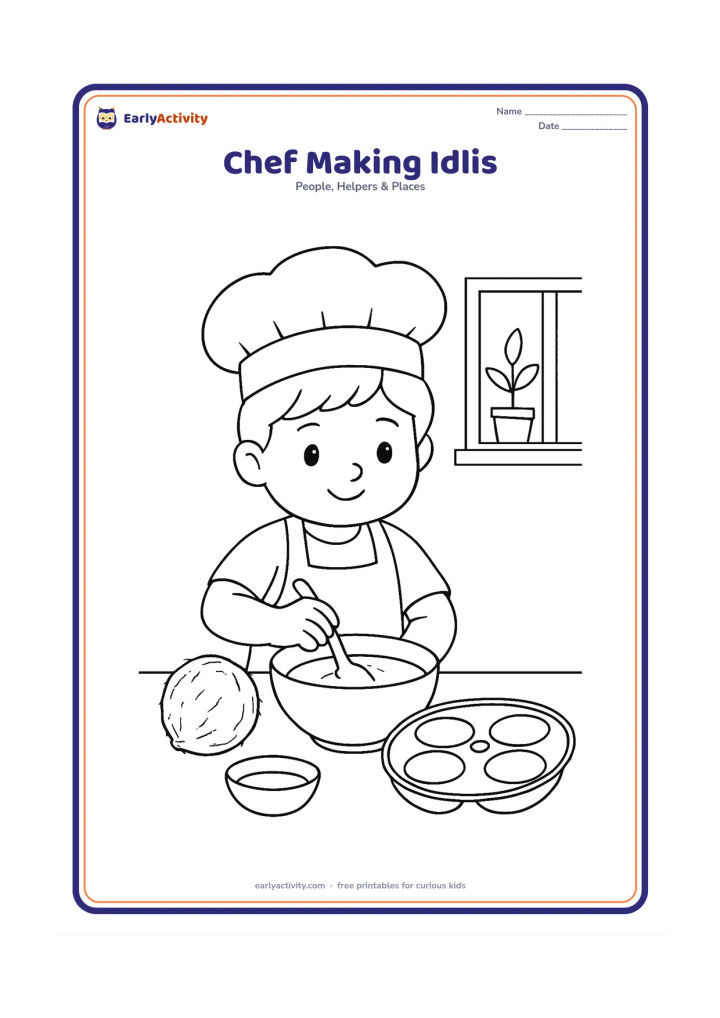 Colouring page: A child chef prepares idli batter beside an open idli steaming tray that is safely on the counter. Show a bowl, spoon, coconut, and a small Indian kitchen window with a potted plant.