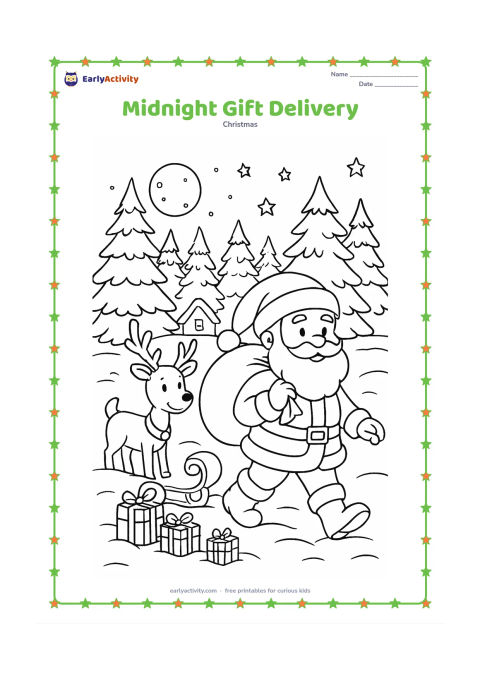 Colouring page: Santa walks quietly through a snowy forest at night carrying a sack, while a friendly reindeer waits beside a small sleigh. Add pine trees, a distant cottage, a full moon, stars,…