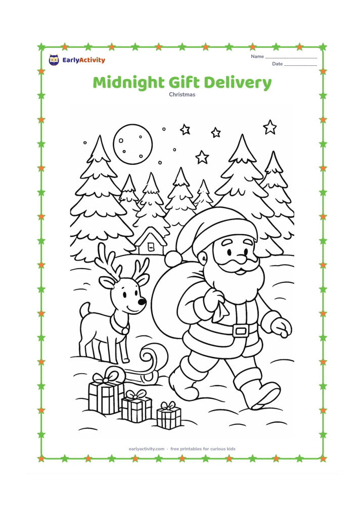 Colouring page: Santa walks quietly through a snowy forest at night carrying a sack, while a friendly reindeer waits beside a small sleigh. Add pine trees, a distant cottage, a full moon, stars,…
