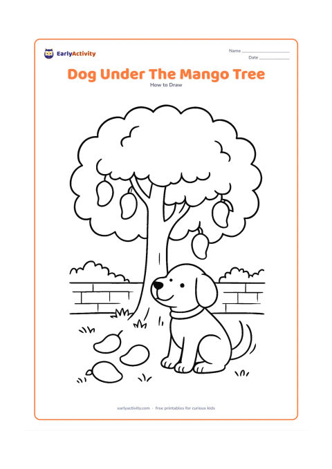Worksheet: Show blank, unlabeled stages for a sitting dog resting beneath a broad mango tree, with a few fallen mangoes, grass and a distant garden wall. Add a plain collar and a gently wagging tail.