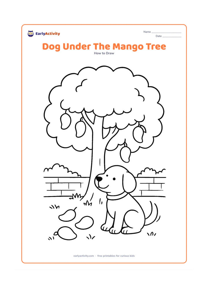 Worksheet: Show blank, unlabeled stages for a sitting dog resting beneath a broad mango tree, with a few fallen mangoes, grass and a distant garden wall. Add a plain collar and a gently wagging tail.