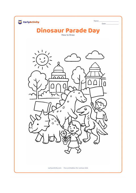 Worksheet: Show three different friendly dinosaurs moving in a small parade through a sunny town square: a horned dinosaur, a plated dinosaur, and a feathered dinosaur. Add children holding blank…