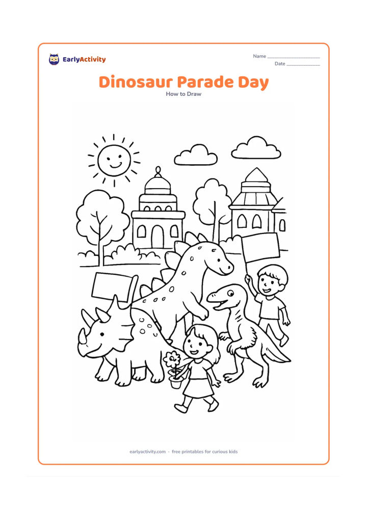 Worksheet: Show three different friendly dinosaurs moving in a small parade through a sunny town square: a horned dinosaur, a plated dinosaur, and a feathered dinosaur. Add children holding blank…