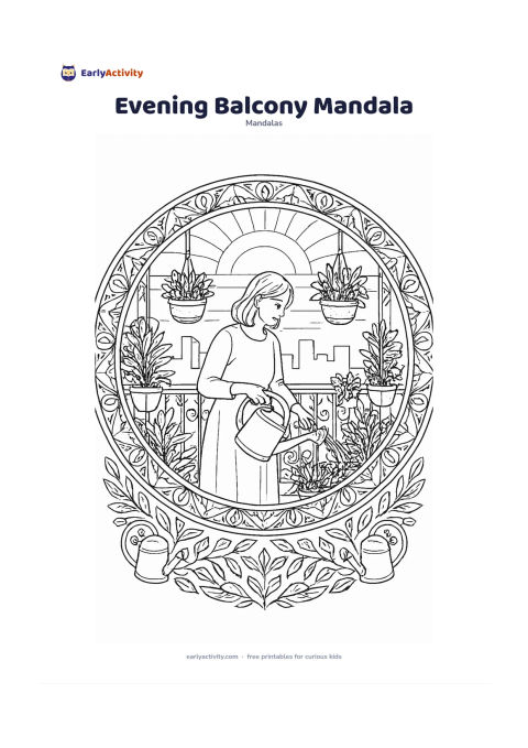 Colouring page: Create a circular mandala with an adult watering plants on a balcony at sunset, surrounded by railing curves, hanging pots, herbs and a distant skyline. Build outward with repeated…