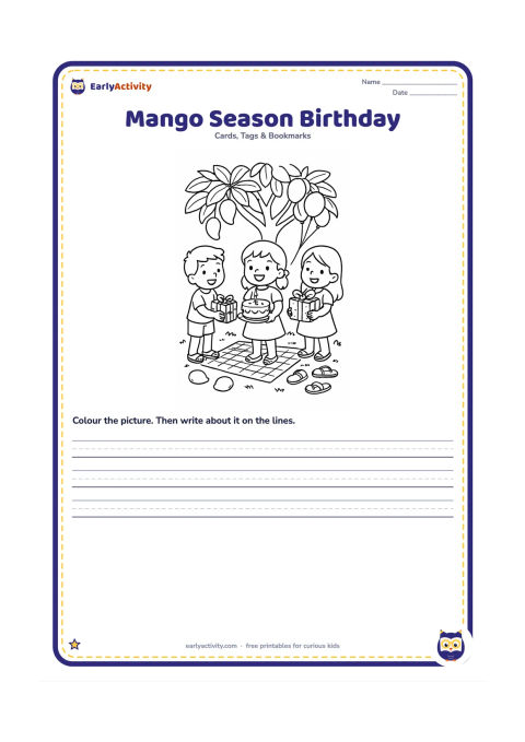 Worksheet: Draw a child celebrating outdoors beneath a mango tree, holding a plate with a birthday cake while two friends bring gifts. Add fallen mangoes, a woven mat, sandals, and balloons tied to…