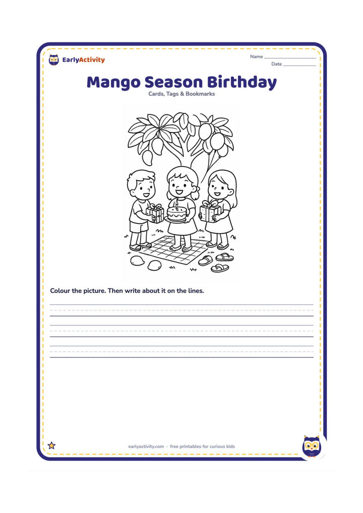 Worksheet: Draw a child celebrating outdoors beneath a mango tree, holding a plate with a birthday cake while two friends bring gifts. Add fallen mangoes, a woven mat, sandals, and balloons tied to…