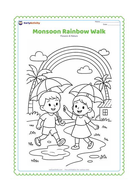 Colouring page: Draw two children walking with umbrellas along a village path after rain, with a rainbow across the sky, palm trees, puddles and a small Indian house in the distance. Show one child…