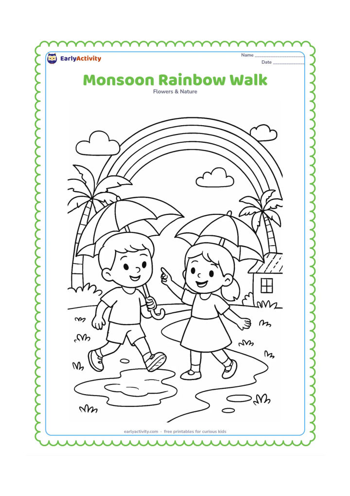 Colouring page: Draw two children walking with umbrellas along a village path after rain, with a rainbow across the sky, palm trees, puddles and a small Indian house in the distance. Show one child…