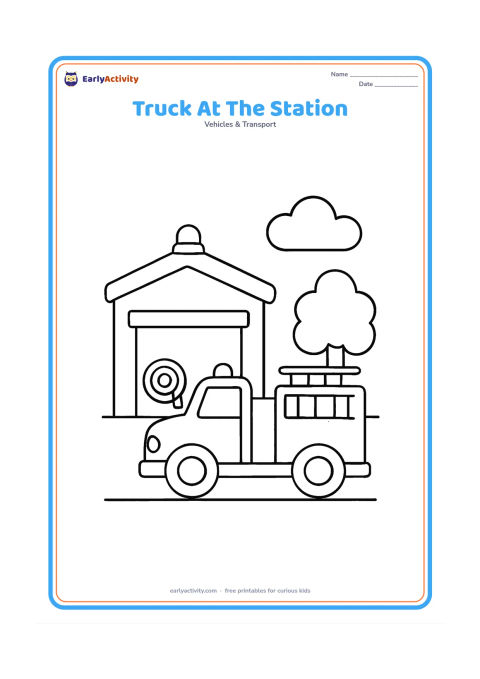 Colouring page: Draw a fire engine parked outside a simple fire station with a wide doorway, a roof light and a coiled hose. Add a tree, a cloud and a short driveway without any signs or writing.