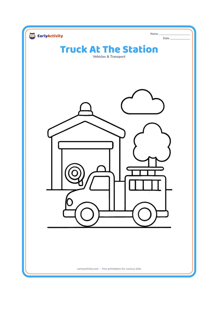 Colouring page: Draw a fire engine parked outside a simple fire station with a wide doorway, a roof light and a coiled hose. Add a tree, a cloud and a short driveway without any signs or writing.