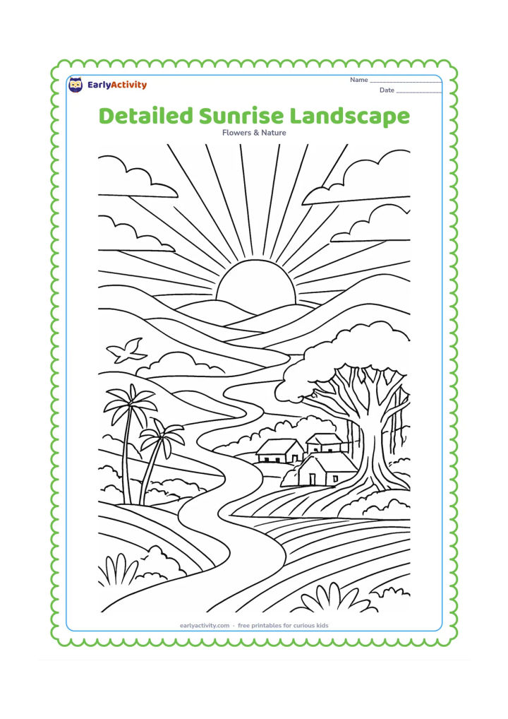 Colouring page: Draw a detailed sunrise over layered hills, a winding river, a small Indian village, palm and banyan trees, fields, birds and soft cloud bands. Show the sun just above the horizon with…
