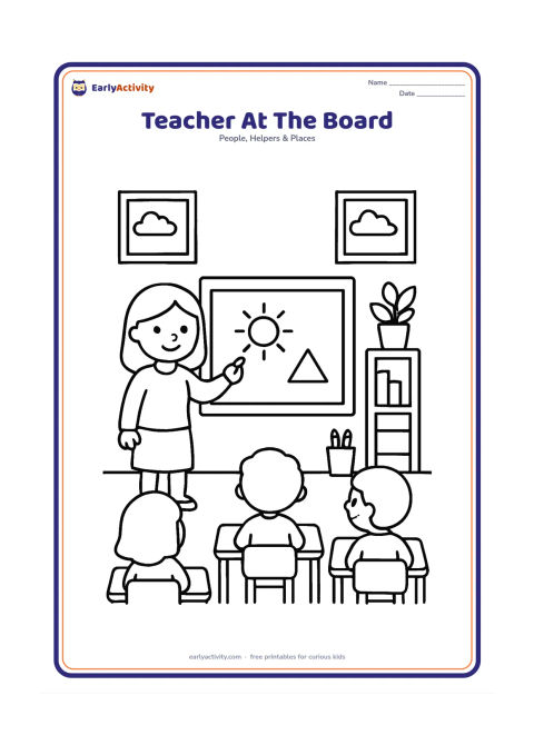Colouring page: A smiling teacher stands beside a large blank classroom board, pointing to a simple drawn sun and shapes while three children sit at desks watching. Include a shelf, plant, pencil cup…