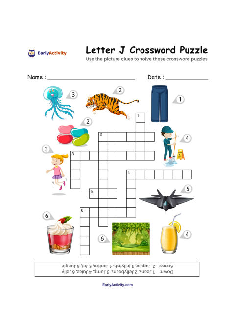 Worksheet with a Letter J crossword puzzle and colourful picture clues, including a jellyfish, jaguar, jeans, jelly beans, juice and a jet.