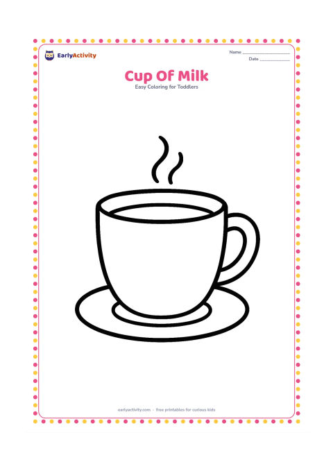 Colouring page: Draw one large handled cup filled near the top, with a small curved surface line and a simple saucer underneath. Add two tiny steam curves above the cup.
