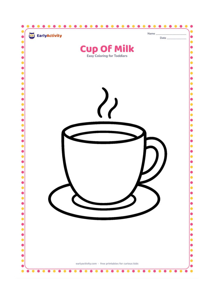 Colouring page: Draw one large handled cup filled near the top, with a small curved surface line and a simple saucer underneath. Add two tiny steam curves above the cup.