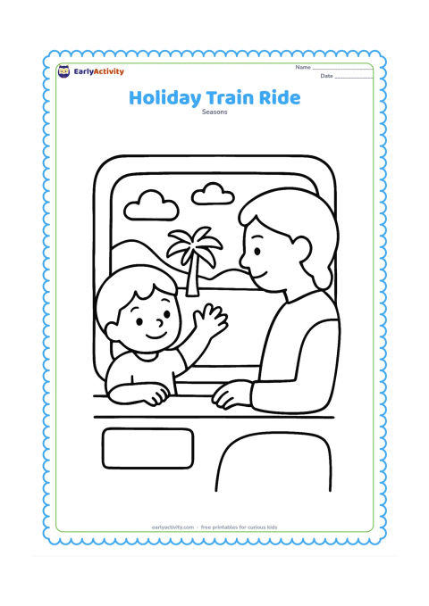 Colouring page: Draw a child looking out of a train window and waving while a parent sits nearby. Outside the window show a palm tree, low hills, and a few clouds; include only simple train details.