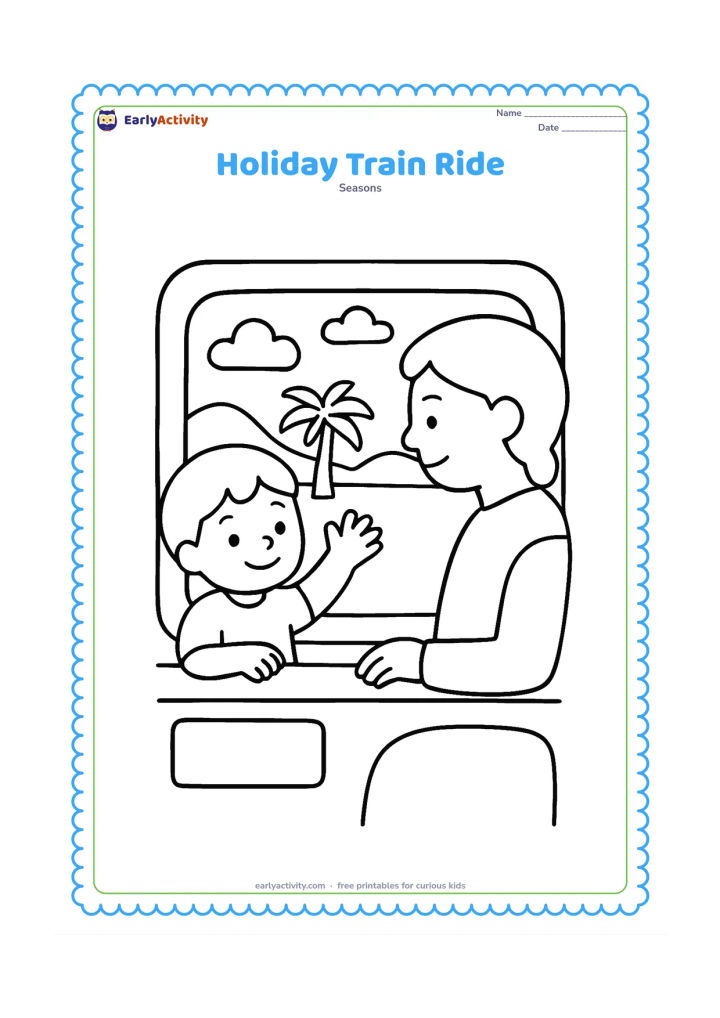 Colouring page: Draw a child looking out of a train window and waving while a parent sits nearby. Outside the window show a palm tree, low hills, and a few clouds; include only simple train details.