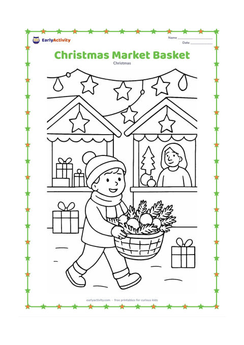 Colouring page: A child carries a basket of evergreen branches and round ornaments through a cheerful Christmas market. Show simple stalls, hanging stars, gift boxes and a friendly adult nearby, with no…