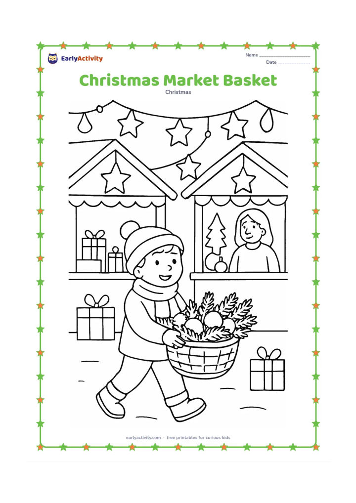 Colouring page: A child carries a basket of evergreen branches and round ornaments through a cheerful Christmas market. Show simple stalls, hanging stars, gift boxes and a friendly adult nearby, with no…