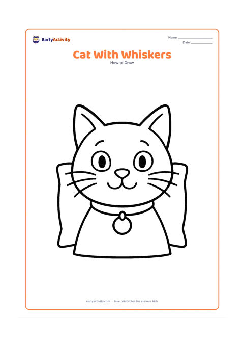 Worksheet: Draw a front-facing cat portrait with triangular ears, oval eyes, a small nose, six balanced whiskers, cheek curves, and a simple collar with a round tag. Add a small cushion behind the…