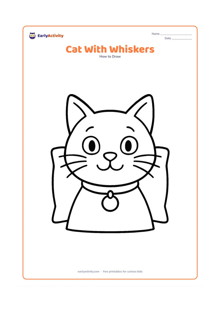 Worksheet: Draw a front-facing cat portrait with triangular ears, oval eyes, a small nose, six balanced whiskers, cheek curves, and a simple collar with a round tag. Add a small cushion behind the…