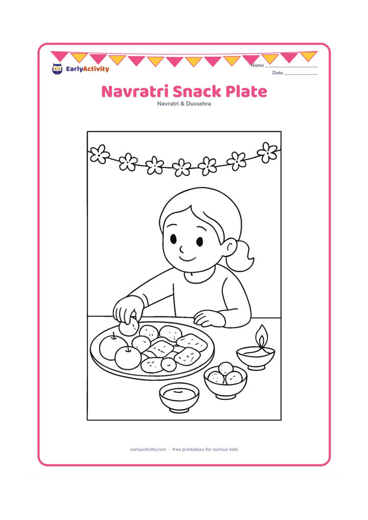 Colouring page: Draw a festive plate with fruit, small bowls, and simple homemade snacks beside a diya and flower garland. Include a child seated at a low table, reaching politely for one item.