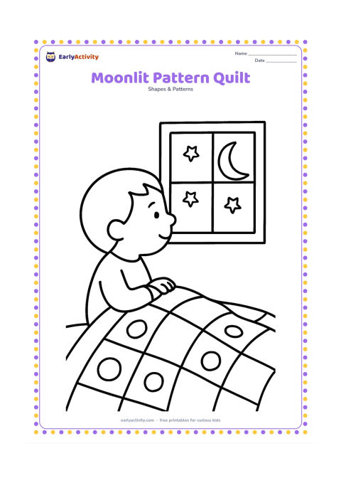 Colouring page: Draw a child sitting under a simple quilt while looking through a window at a crescent moon. Cover the quilt with large repeating squares and circles, leaving the room uncluttered.