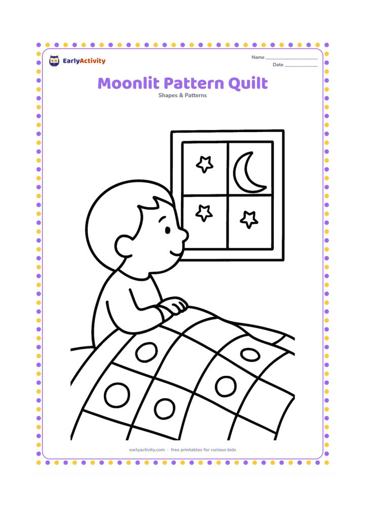 Colouring page: Draw a child sitting under a simple quilt while looking through a window at a crescent moon. Cover the quilt with large repeating squares and circles, leaving the room uncluttered.