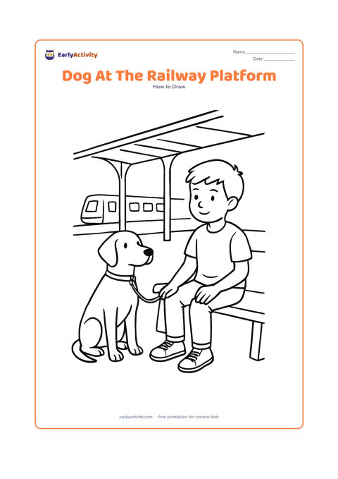 Worksheet: Show blank, unlabeled stages for a leashed dog sitting beside a child on an Indian railway platform, with a bench, station roof supports and a train shape in the far background. Keep all…