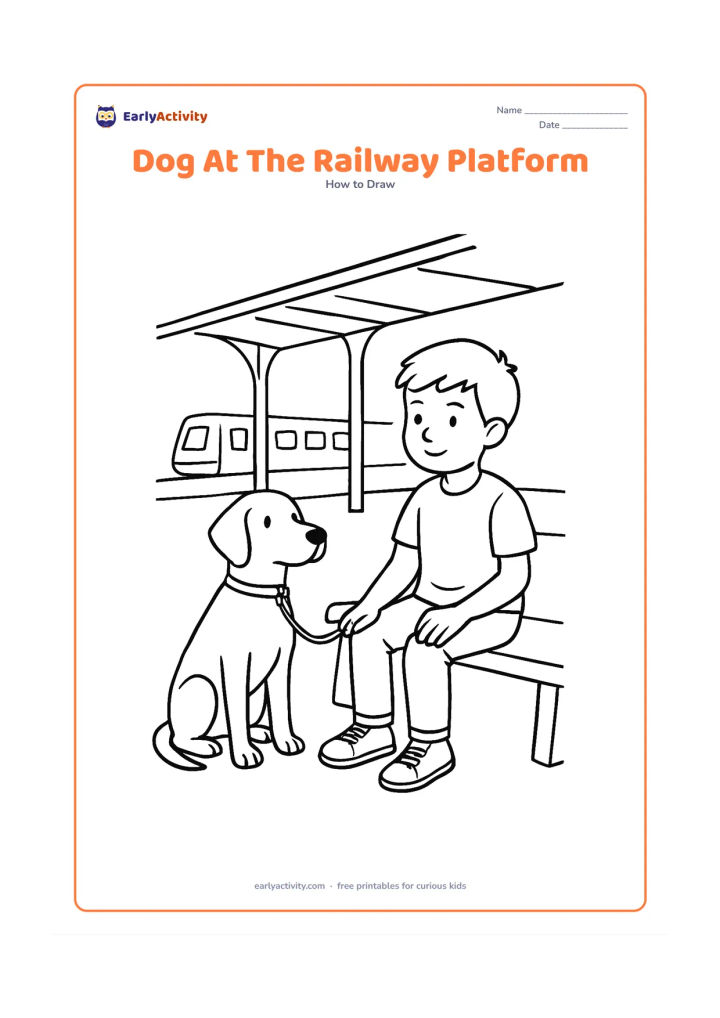 Worksheet: Show blank, unlabeled stages for a leashed dog sitting beside a child on an Indian railway platform, with a bench, station roof supports and a train shape in the far background. Keep all…