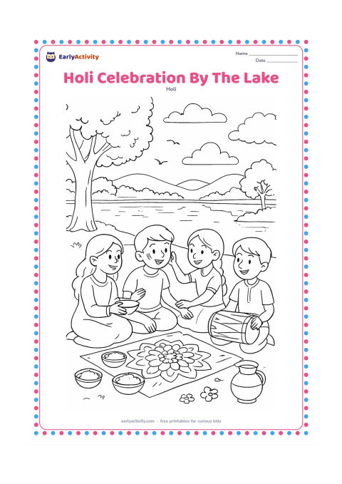 Colouring page: Friends gather beside a lake for a gentle Holi picnic, with gulal bowls, flowers, a dhol and a rangoli on a cloth. Show trees, birds, hills, reflected clouds and a separate handwashing…