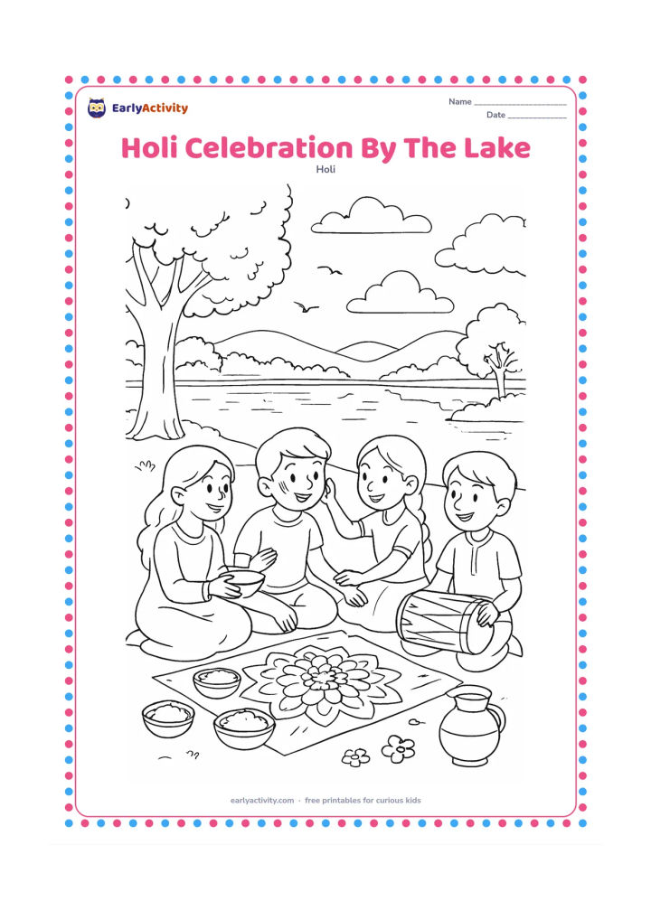 Colouring page: Friends gather beside a lake for a gentle Holi picnic, with gulal bowls, flowers, a dhol and a rangoli on a cloth. Show trees, birds, hills, reflected clouds and a separate handwashing…