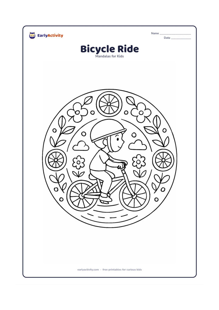 Colouring page: A circular mandala with a friendly child riding a bicycle at the centre, surrounded by repeated wheels, leaves, clouds, flowers and curved road lines. Show the child in profile with a…