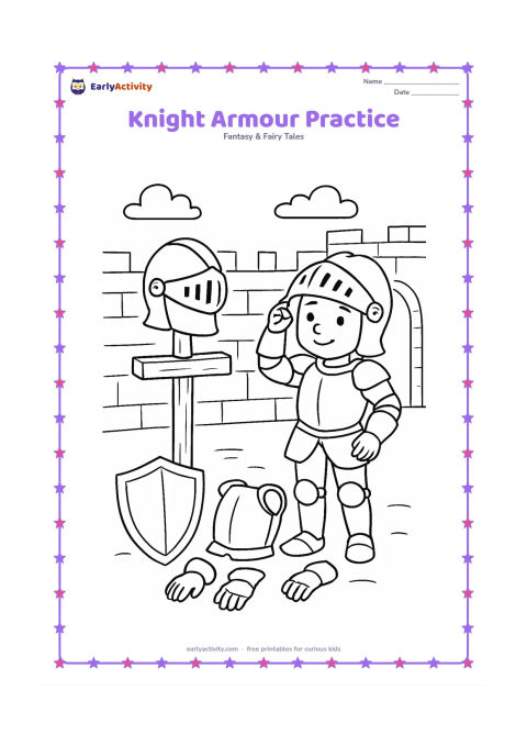 Colouring page: A knight stands beside a wooden training post while adjusting a helmet, with a shield, breastplate, gauntlets, and boots arranged nearby. Place a castle courtyard wall and an arched…
