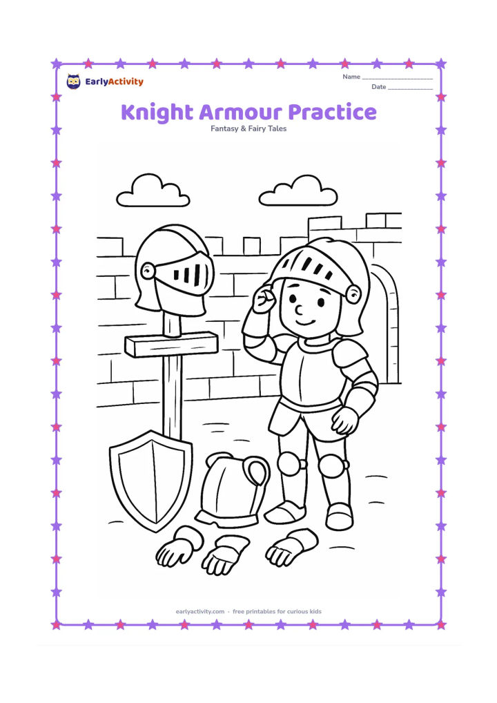 Colouring page: A knight stands beside a wooden training post while adjusting a helmet, with a shield, breastplate, gauntlets, and boots arranged nearby. Place a castle courtyard wall and an arched…