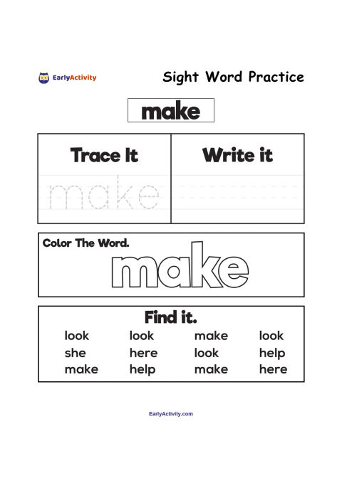 Worksheet showing the sight word “make” for tracing, writing, colouring and finding among similar words.